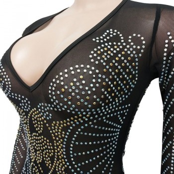 Black Glitter Crystal Mini Dress Womens See Through Studded Bodycon Party Club Dress